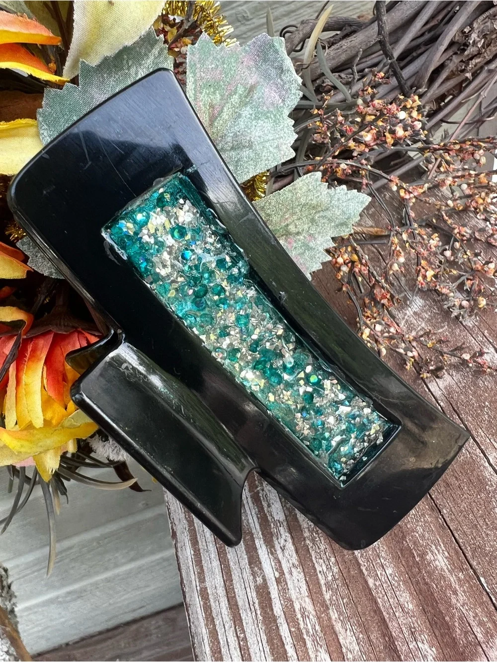 Black Hair Claw Clip with Teal Decorative Inlay